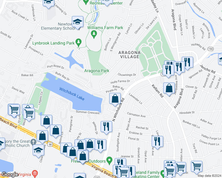 map of restaurants, bars, coffee shops, grocery stores, and more near 5232 Pirata Place in Virginia Beach