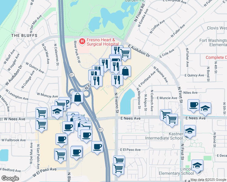 map of restaurants, bars, coffee shops, grocery stores, and more near 8405 North Fresno Street in Fresno