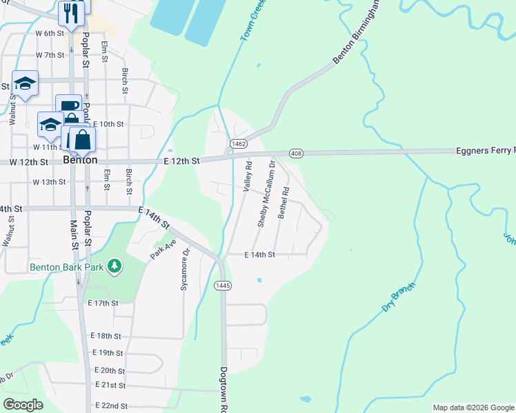 map of restaurants, bars, coffee shops, grocery stores, and more near 1304 Shelby McCallum Drive in Benton