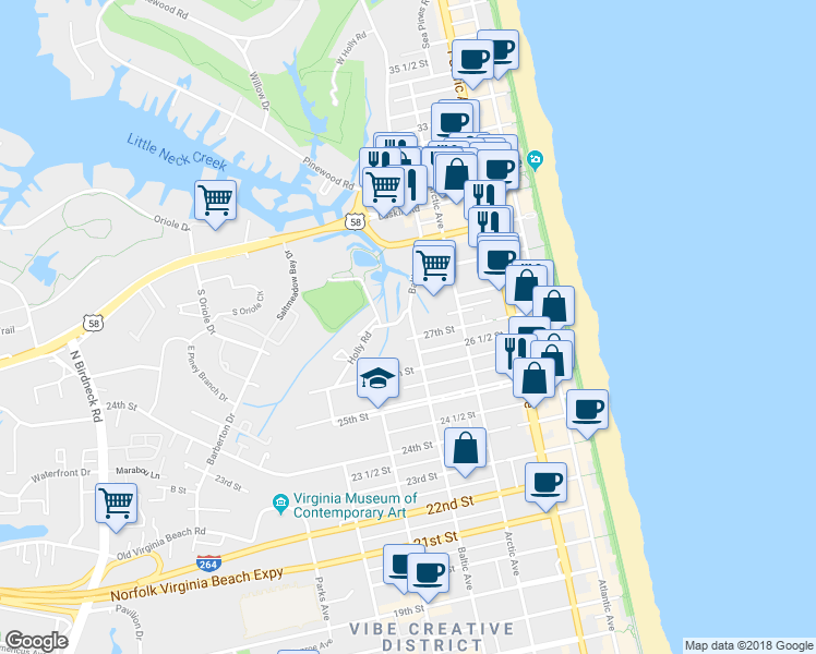 map of restaurants, bars, coffee shops, grocery stores, and more near 2702 Baltic Avenue in Virginia Beach