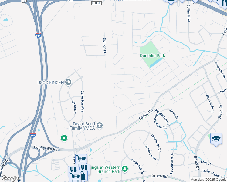 map of restaurants, bars, coffee shops, grocery stores, and more near 3409 Mornington Drive in Chesapeake