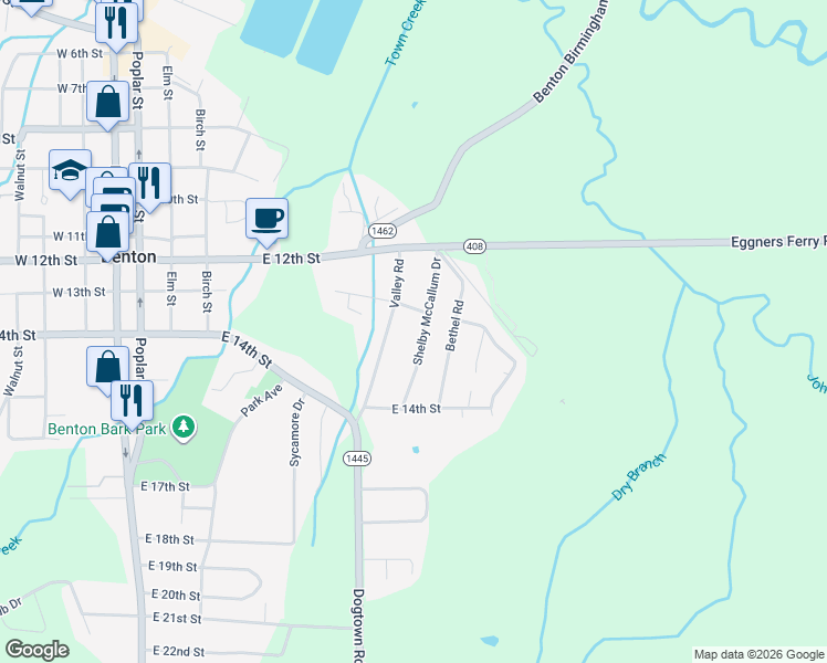 map of restaurants, bars, coffee shops, grocery stores, and more near 1304 Shelby McCallum Drive in Benton