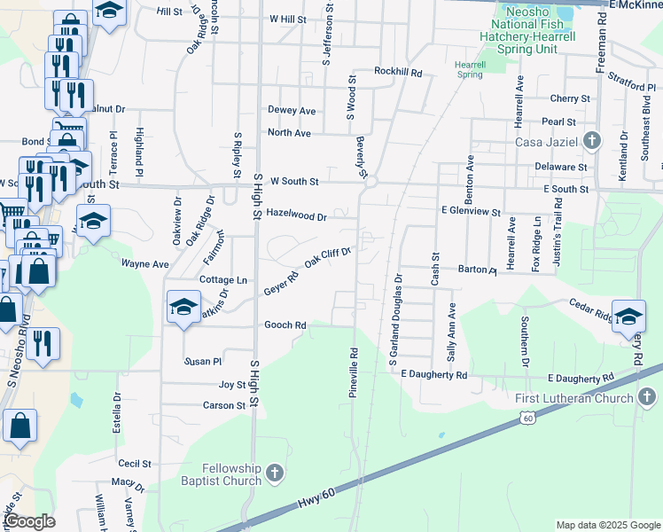 map of restaurants, bars, coffee shops, grocery stores, and more near 1499 Knapp Court in Neosho