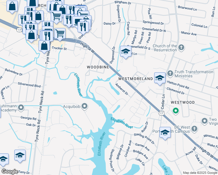 map of restaurants, bars, coffee shops, grocery stores, and more near 5231 Sweetbriar Circle in Portsmouth