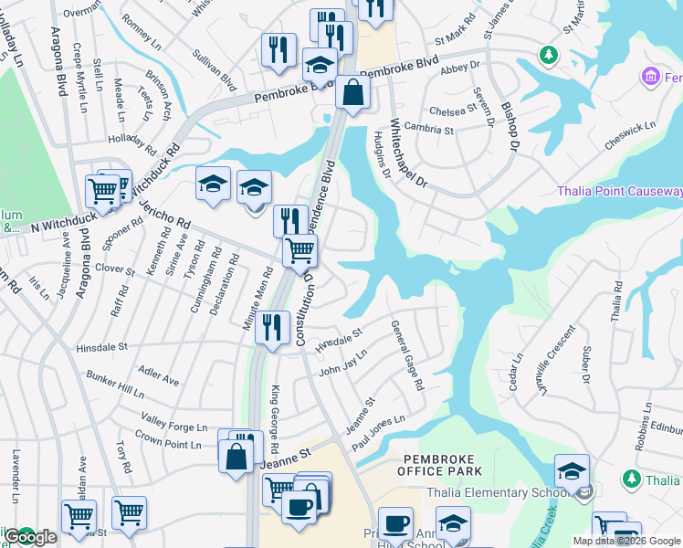 map of restaurants, bars, coffee shops, grocery stores, and more near 612 Liberty Bell Road in Virginia Beach