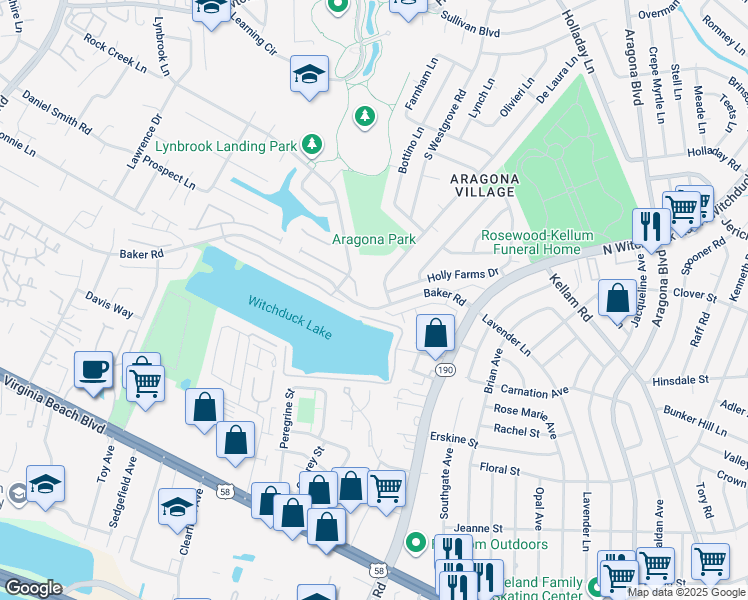 map of restaurants, bars, coffee shops, grocery stores, and more near 555 De Laura Lane in Virginia Beach