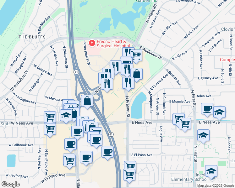 map of restaurants, bars, coffee shops, grocery stores, and more near 265 East River Park Circle in Fresno
