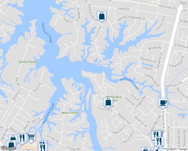 map of restaurants, bars, coffee shops, grocery stores, and more near 2816 Shearwater Cove in Virginia Beach