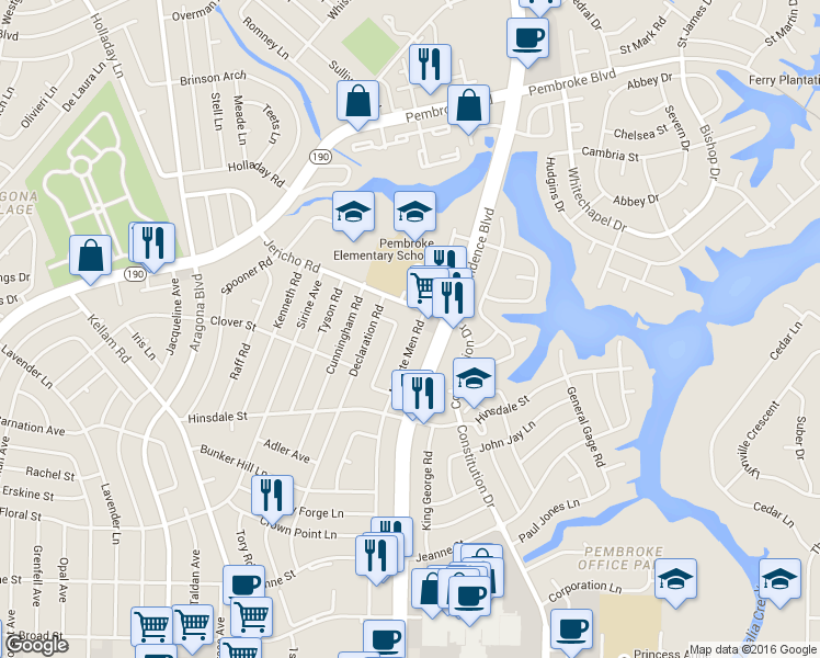 map of restaurants, bars, coffee shops, grocery stores, and more near 623 Minute Men Road in Virginia Beach