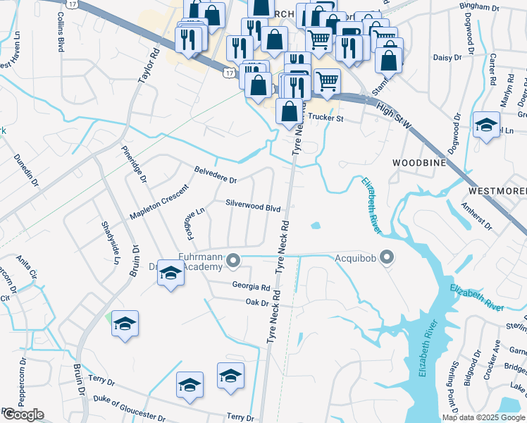 map of restaurants, bars, coffee shops, grocery stores, and more near 4009 Silverwood Boulevard in Chesapeake