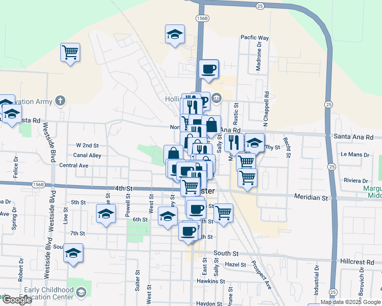 map of restaurants, bars, coffee shops, grocery stores, and more near 140 San Benito Street in Hollister
