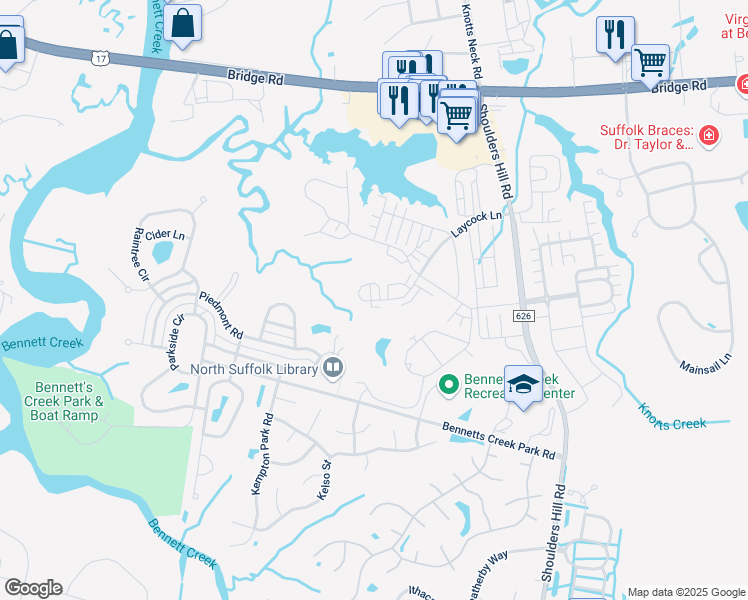 map of restaurants, bars, coffee shops, grocery stores, and more near 1520 Elderberry Road in Suffolk