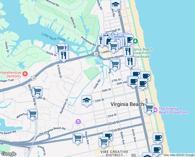 map of restaurants, bars, coffee shops, grocery stores, and more near 2818 Wiigwaas Lane in Virginia Beach
