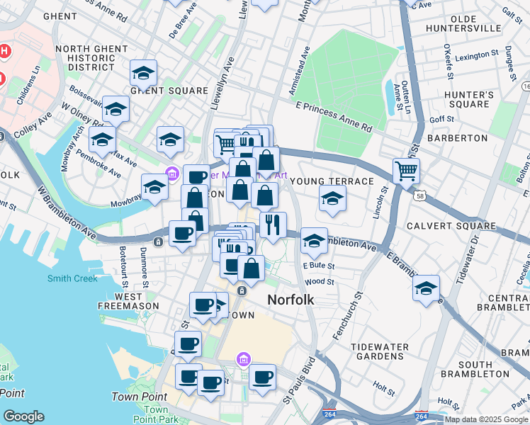 map of restaurants, bars, coffee shops, grocery stores, and more near 729 Monticello Avenue in Norfolk