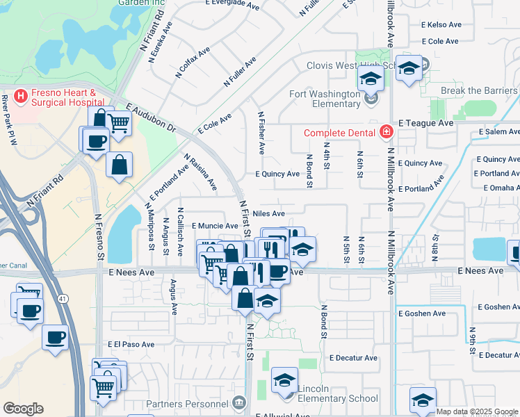 map of restaurants, bars, coffee shops, grocery stores, and more near 553 East Ahwahnee Avenue in Fresno