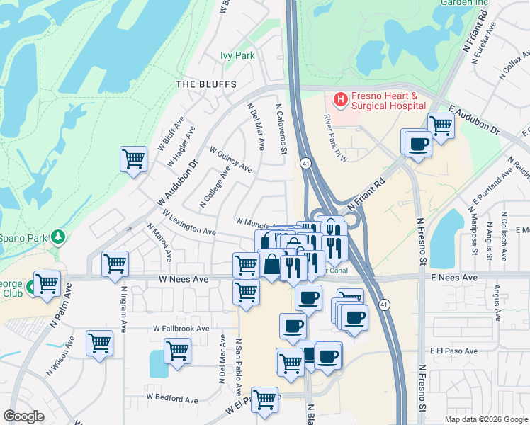 map of restaurants, bars, coffee shops, grocery stores, and more near 178 West Niles Avenue in Fresno