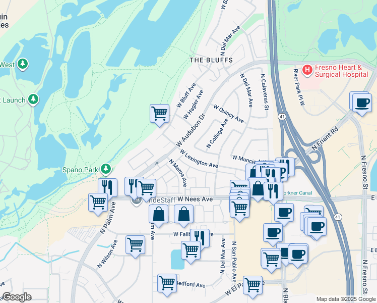 map of restaurants, bars, coffee shops, grocery stores, and more near 374 West Lexington Avenue in Fresno