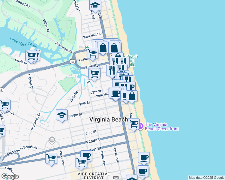 map of restaurants, bars, coffee shops, grocery stores, and more near 2607 Pacific Avenue in Virginia Beach