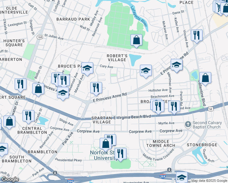 map of restaurants, bars, coffee shops, grocery stores, and more near 1215 Standard Street in Norfolk
