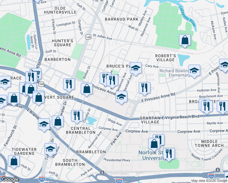 map of restaurants, bars, coffee shops, grocery stores, and more near 1316 East Princess Anne Road in Norfolk