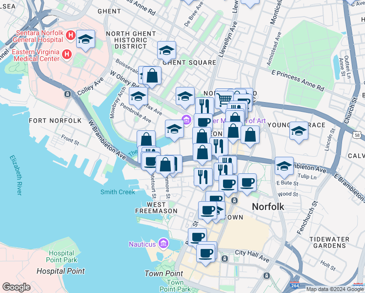 map of restaurants, bars, coffee shops, grocery stores, and more near 245 Grace Street in Norfolk