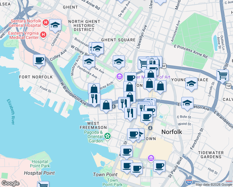 map of restaurants, bars, coffee shops, grocery stores, and more near 245 Grace Street in Norfolk