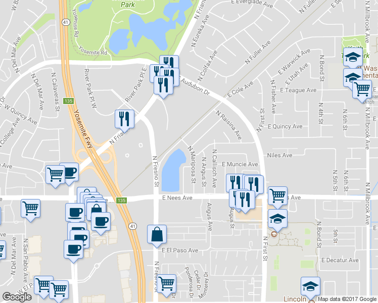 map of restaurants, bars, coffee shops, grocery stores, and more near 8215 North Mariposa Street in Fresno