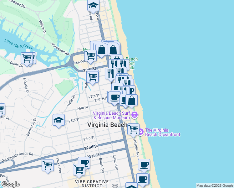 map of restaurants, bars, coffee shops, grocery stores, and more near 2607 Pacific Avenue in Virginia Beach