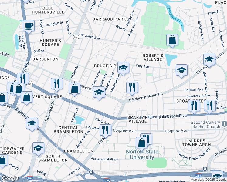 map of restaurants, bars, coffee shops, grocery stores, and more near 1503 Link Street in Norfolk