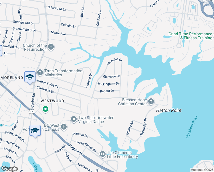 map of restaurants, bars, coffee shops, grocery stores, and more near 4521 Buckingham Drive in Portsmouth