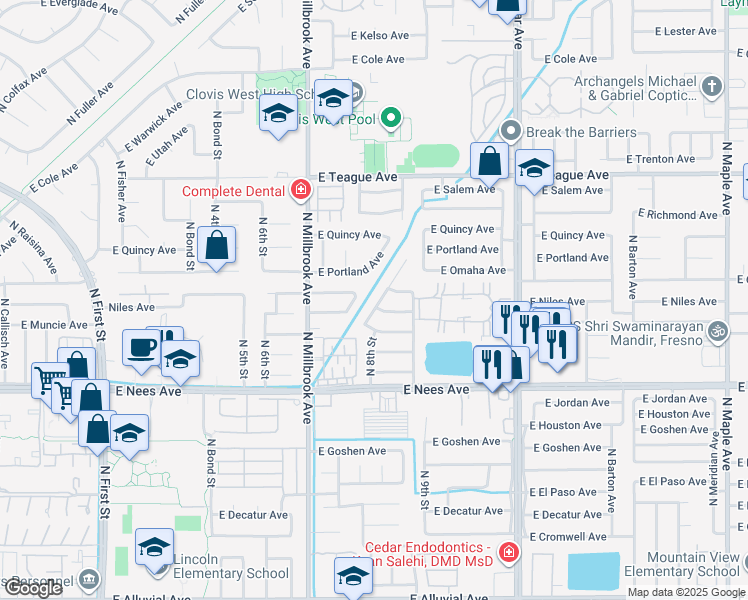 map of restaurants, bars, coffee shops, grocery stores, and more near 8195 North Yorktown Drive in Fresno