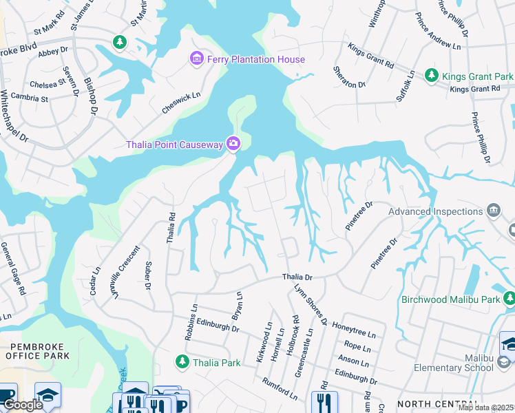 map of restaurants, bars, coffee shops, grocery stores, and more near 608 West Lynn Shores Circle in Virginia Beach
