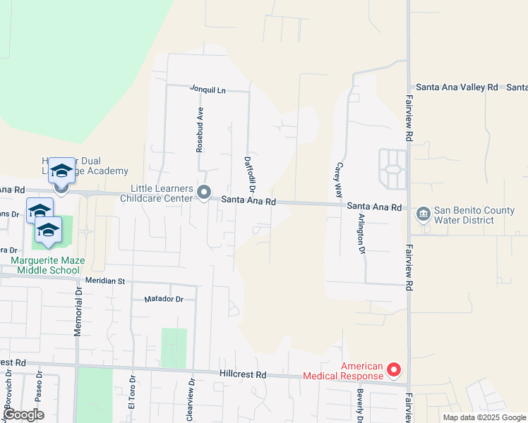 map of restaurants, bars, coffee shops, grocery stores, and more near 1593 Santa Ana Road in Hollister
