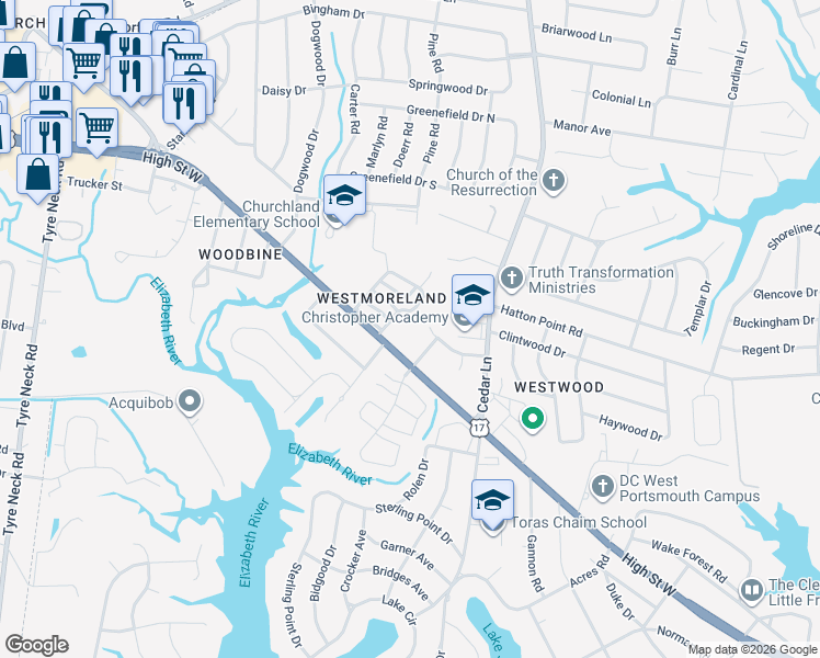 map of restaurants, bars, coffee shops, grocery stores, and more near 3231 Clover Hill Drive in Portsmouth