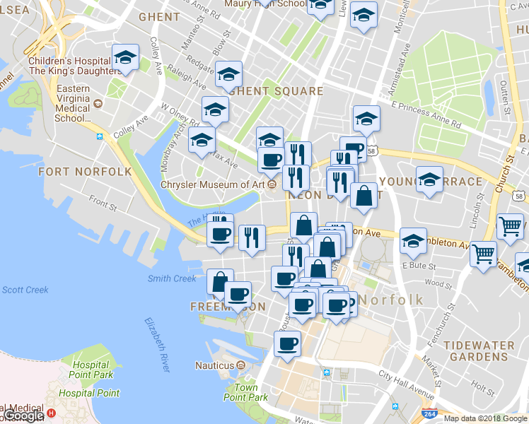 map of restaurants, bars, coffee shops, grocery stores, and more near 732 Yarmouth Street in Norfolk