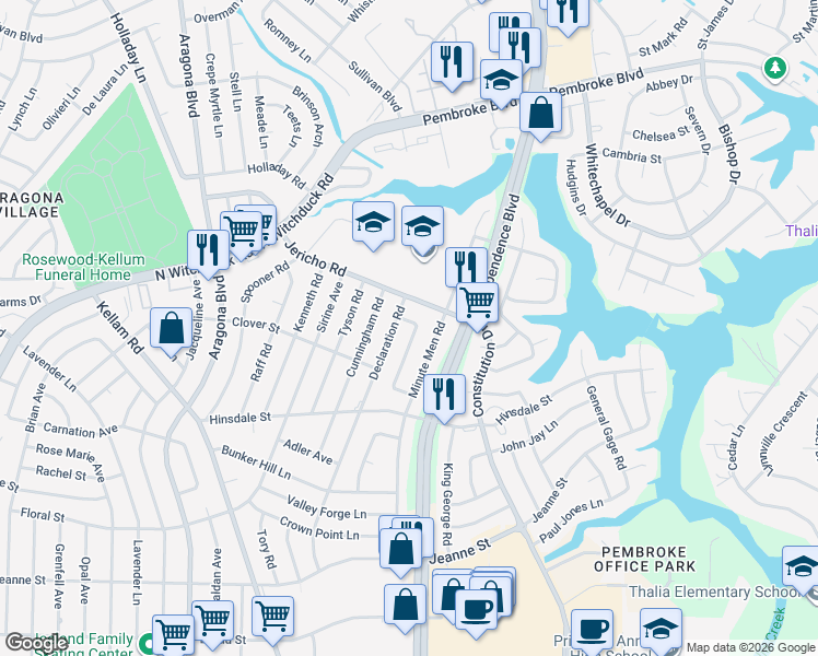 map of restaurants, bars, coffee shops, grocery stores, and more near 637 Breeds Hill Road in Virginia Beach