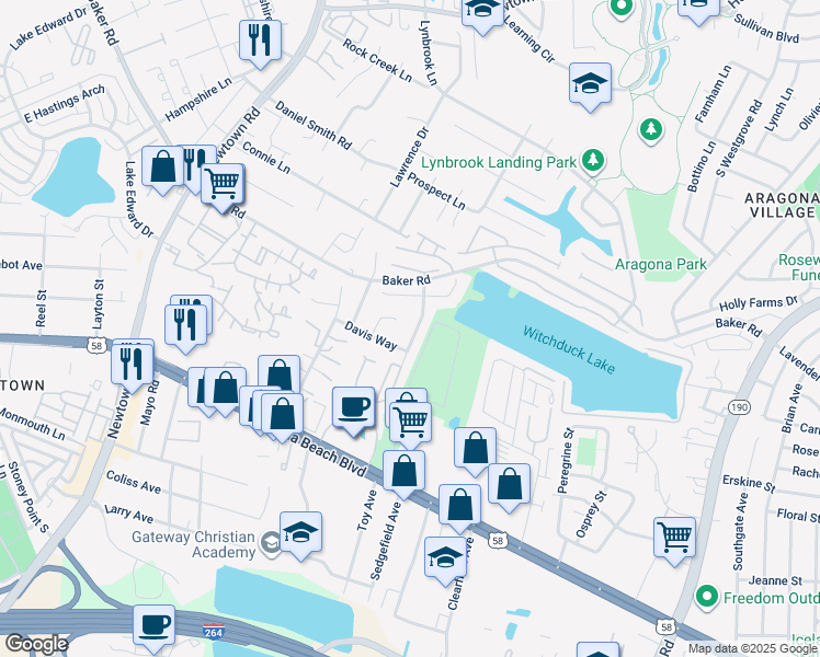 map of restaurants, bars, coffee shops, grocery stores, and more near 633 Aylesbury Drive in Virginia Beach