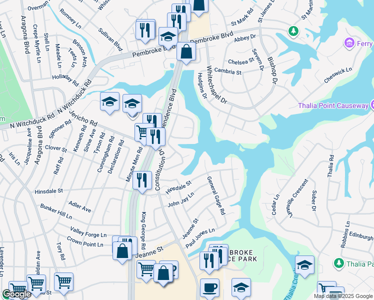 map of restaurants, bars, coffee shops, grocery stores, and more near 4404 Liberty Bell Court in Virginia Beach