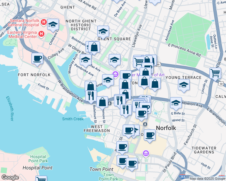 map of restaurants, bars, coffee shops, grocery stores, and more near 732 Yarmouth Street in Norfolk