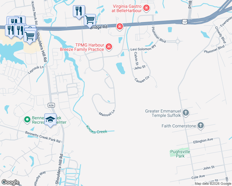 map of restaurants, bars, coffee shops, grocery stores, and more near 6023 Mainsail Lane in Suffolk