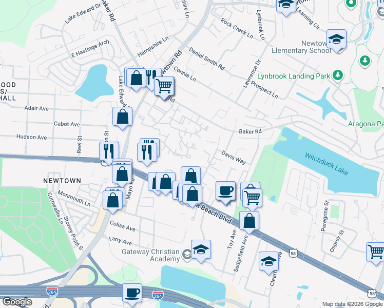 map of restaurants, bars, coffee shops, grocery stores, and more near 5510 Seawall Court in Virginia Beach