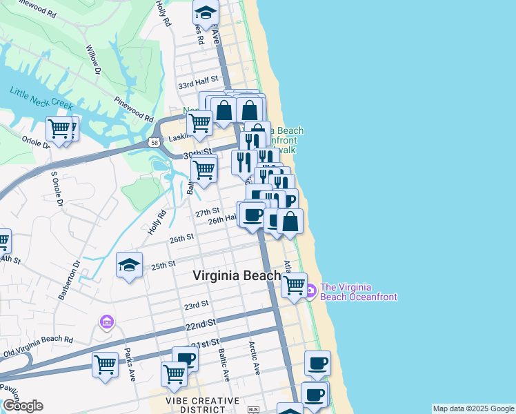 map of restaurants, bars, coffee shops, grocery stores, and more near 2607 Pacific Avenue in Virginia Beach