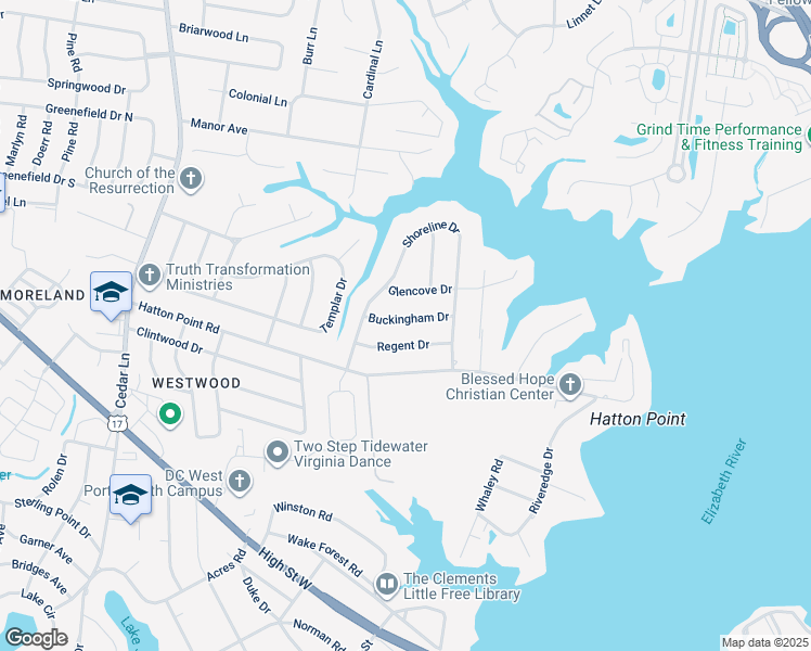 map of restaurants, bars, coffee shops, grocery stores, and more near 4521 Buckingham Drive in Portsmouth