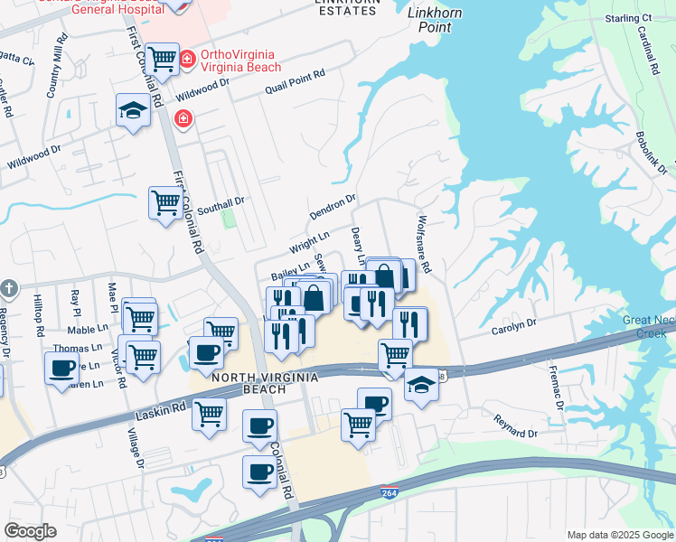map of restaurants, bars, coffee shops, grocery stores, and more near 813 Davenport Lane in Virginia Beach