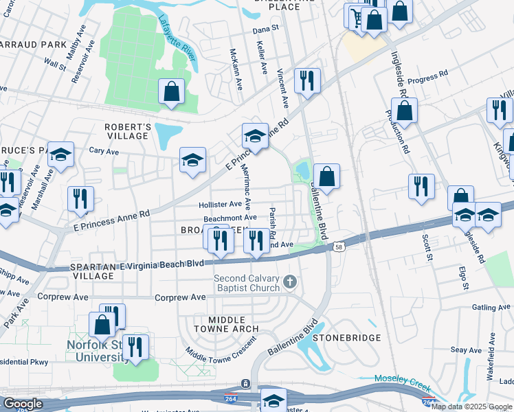 map of restaurants, bars, coffee shops, grocery stores, and more near 2911 Hollister Avenue in Norfolk