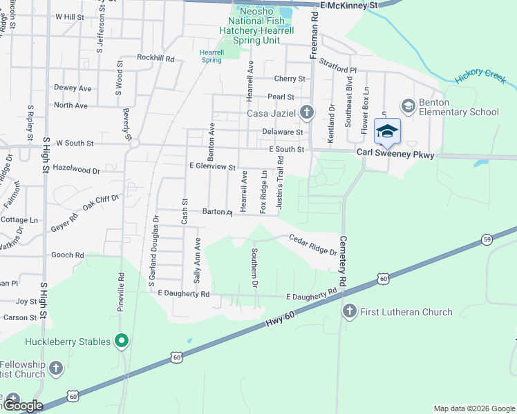 map of restaurants, bars, coffee shops, grocery stores, and more near 1300-1398 Fox Ridge Ln in Neosho