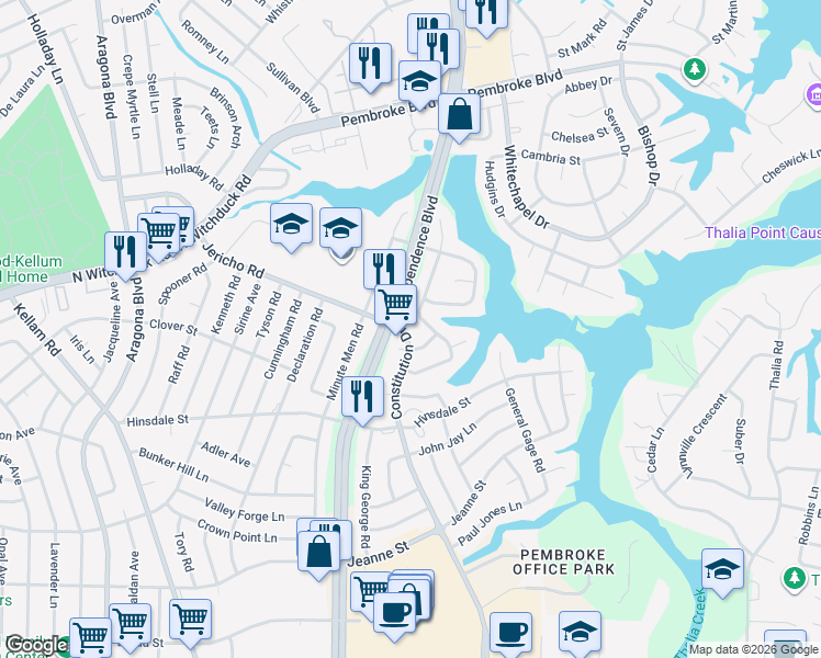 map of restaurants, bars, coffee shops, grocery stores, and more near 644 Constitution Drive in Virginia Beach