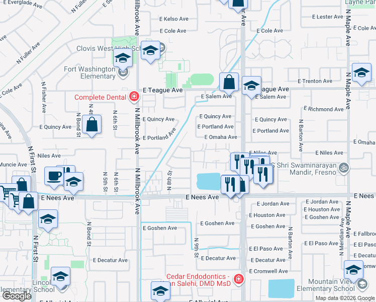 map of restaurants, bars, coffee shops, grocery stores, and more near 1225 East Omaha Avenue in Fresno