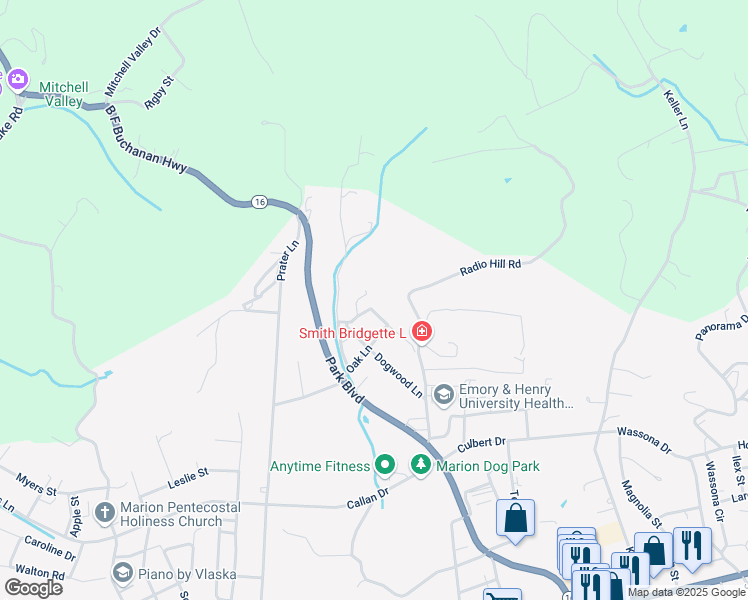 map of restaurants, bars, coffee shops, grocery stores, and more near 821 Hickory Lane in Marion