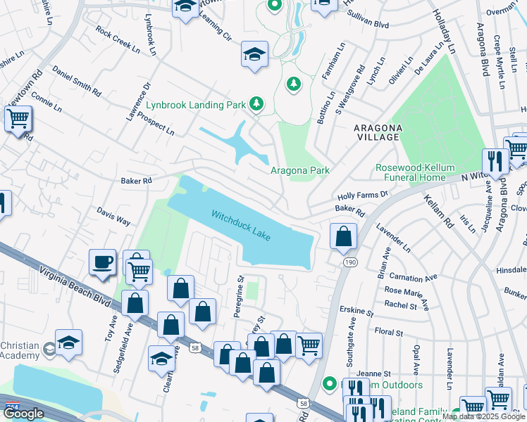 map of restaurants, bars, coffee shops, grocery stores, and more near 5437 Bulls Bay Drive in Virginia Beach